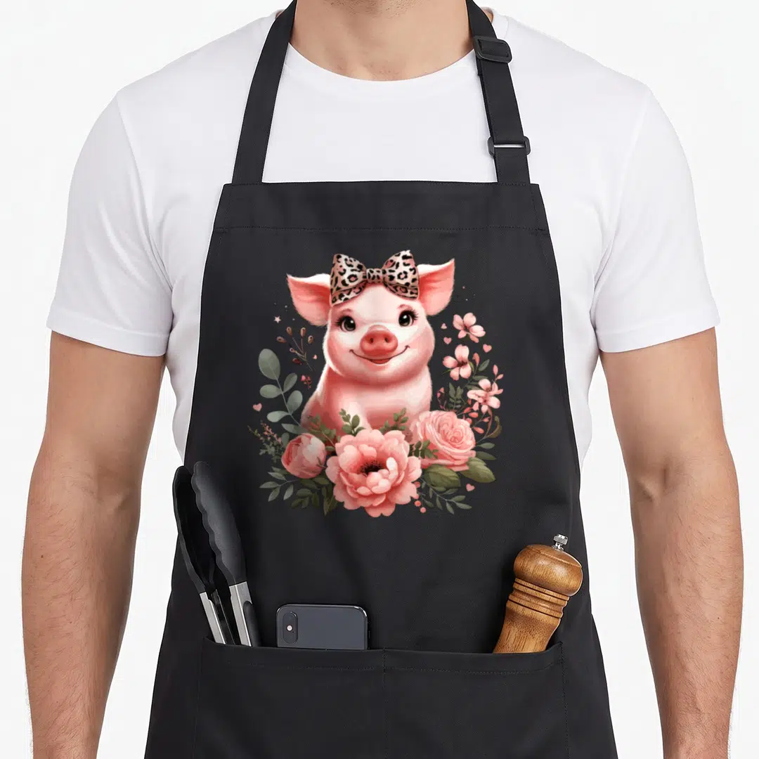 Pig leopard apron - Cartoon pink pig with spotted bow surrounded by pink roses and green leaves — shown on a black cotton canvas apron against a white background