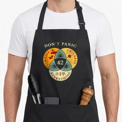 Universe science apron - Retro Venn diagram with DON'T PANIC text and 42 in yellow teal beige and red — shown on a black cotton canvas apron against a white background