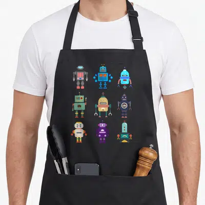 Age robot apron - Nine cartoon robots in a 3x3 grid colored blue grey green purple and red — shown on a black cotton canvas apron against a white background