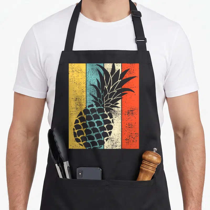 Summer pineapple apron - Grey pineapple silhouette over four vertical stripes in yellow, blue, white, and orange — shown on a black cotton canvas apron against a white background