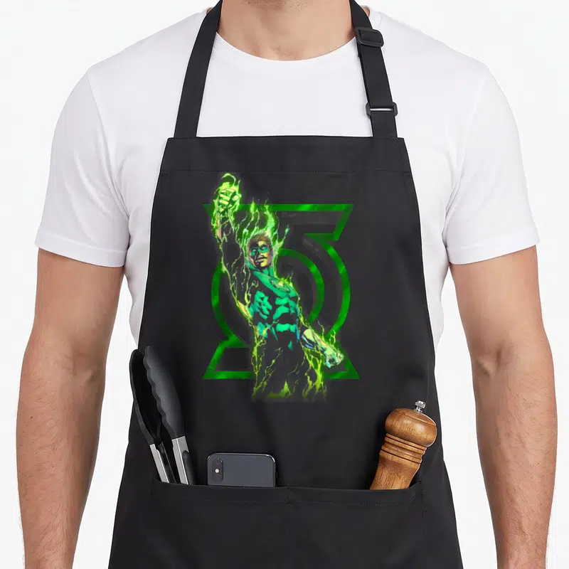 Fully novelty apron - Green Lantern character overlapping a large green lantern logo in cartoon style — shown on a black cotton canvas apron against a white background