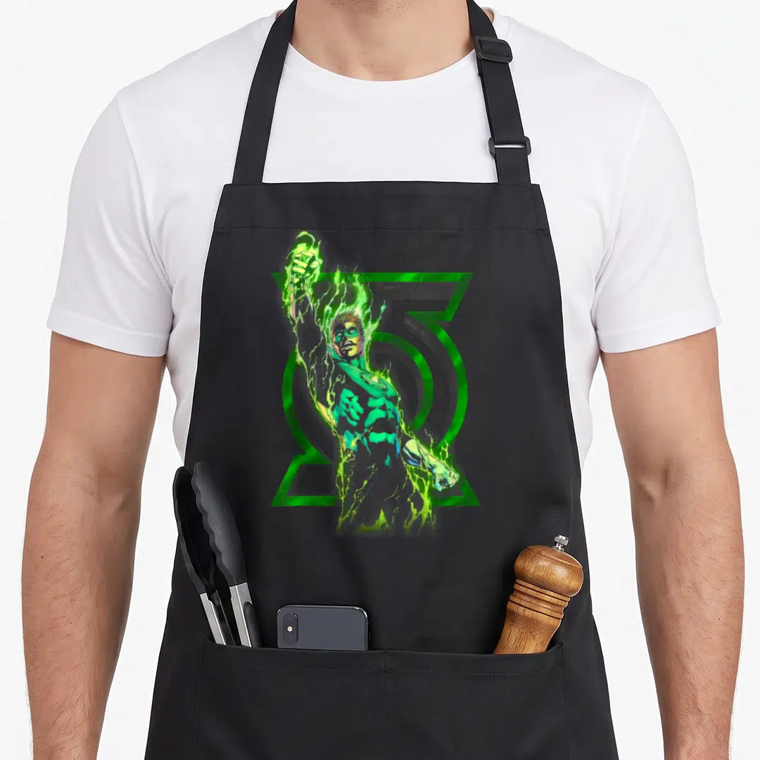 Fully novelty apron - Green Lantern character overlapping a large green lantern logo in cartoon style — shown on a black cotton canvas apron against a white background