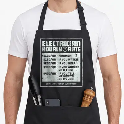 Hourly rate electricians apron - Distressed white price list with hourly rates for electrician supervision and advice — shown on a black cotton canvas apron against a white background