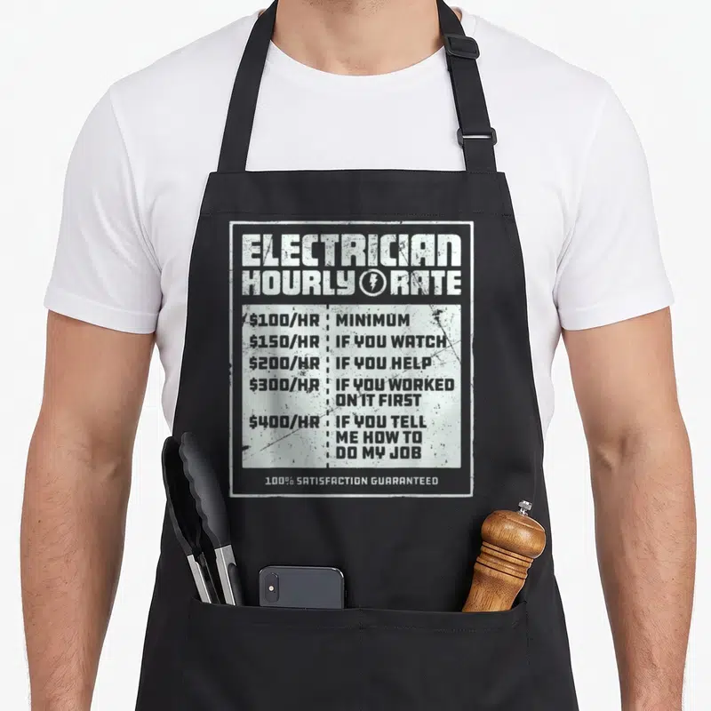 Hourly rate electricians apron - Distressed white price list with hourly rates for electrician supervision and advice — shown on a black cotton canvas apron against a white background