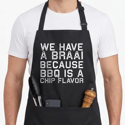 Braai family aprons - White stacked text reading We Have a Braai Because BBQ Is A Chip Flavor — shown on a black cotton canvas apron against a white background