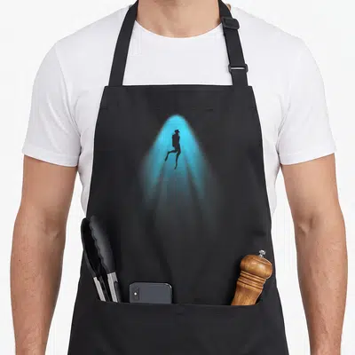 Funny scuba diving apron - Grey diver silhouette inside a blue light beam on black fabric — shown on a black cotton canvas apron against a white background