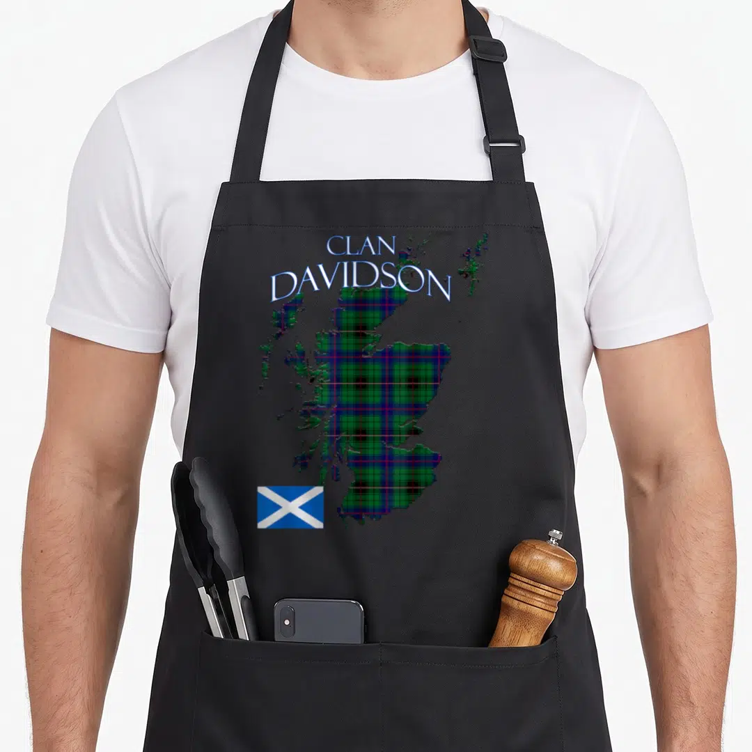 Davidson scottish tartan apron - Map of Scotland filled with green and blue tartan pattern with CLAN DAVIDSON text — shown on a black cotton canvas apron against a white background
