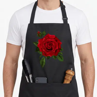 Single rose apron - Large red rose with two buds and green leaves in realistic style — shown on a black cotton canvas apron against a white background