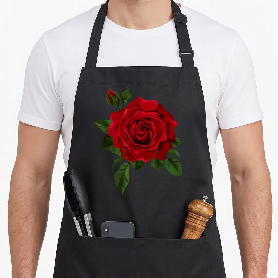 Single rose apron - Large red rose with two buds and green leaves in realistic style — shown on a black cotton canvas apron against a white background