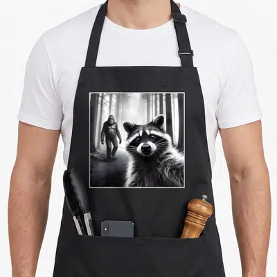 Raccoon bigfoot apron - Close-up raccoon face with Bigfoot standing on a misty forest path in monochrome — shown on a black cotton canvas apron against a white background