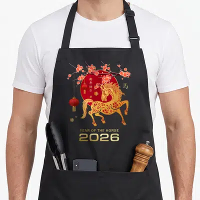 Funny chinese horse apron - Gold horse on red sun with pink blossoms and 2026 text — shown on a black cotton canvas apron against a white background