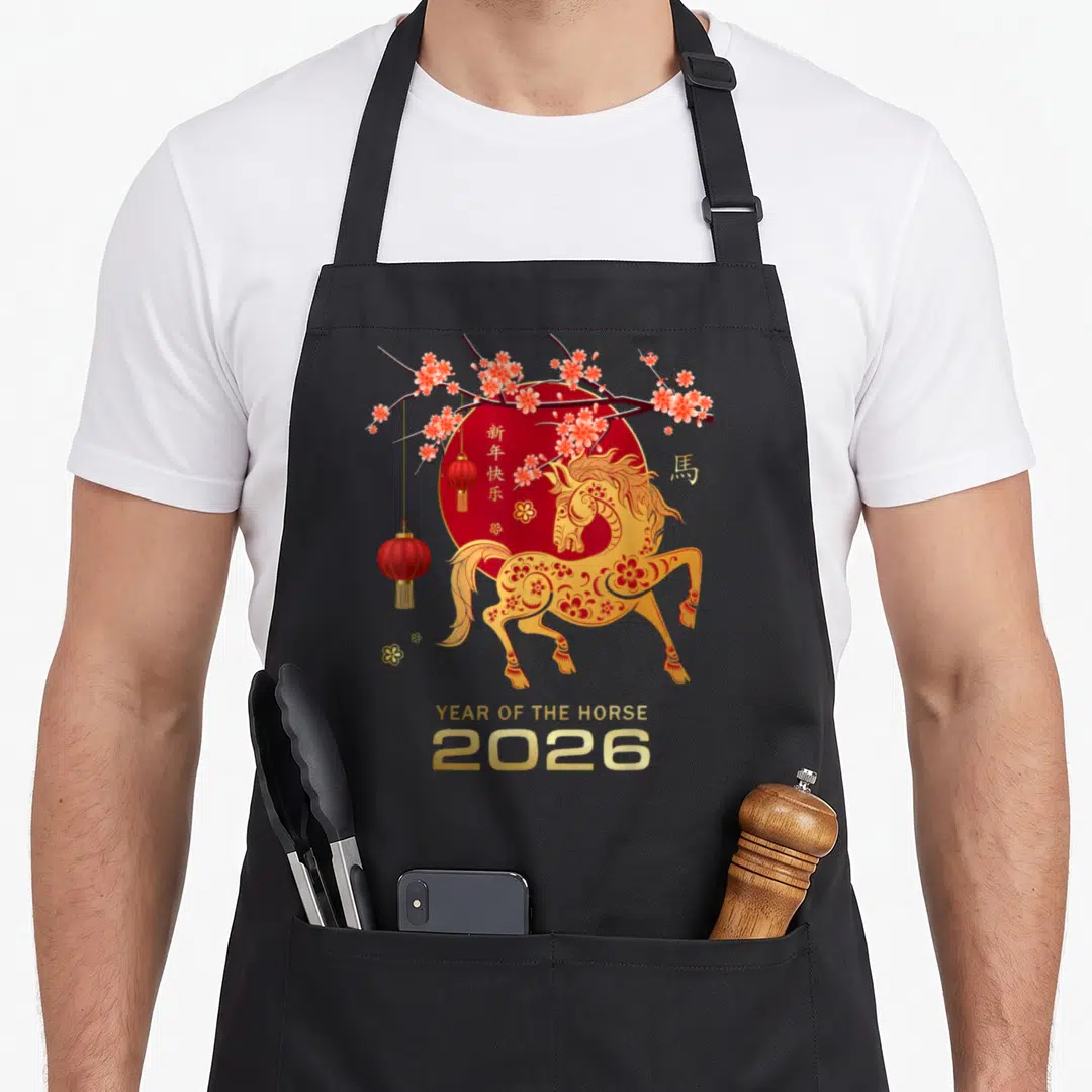 Funny chinese horse apron - Gold horse on red sun with pink blossoms and 2026 text — shown on a black cotton canvas apron against a white background