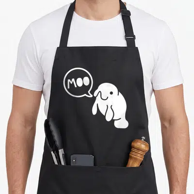 Marine cow apron - White cartoon seal next to speech bubble reading MOO — shown on a black cotton canvas apron against a white background