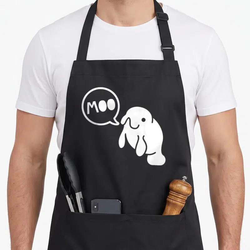 Marine cow apron - White cartoon seal next to speech bubble reading MOO — shown on a black cotton canvas apron against a white background