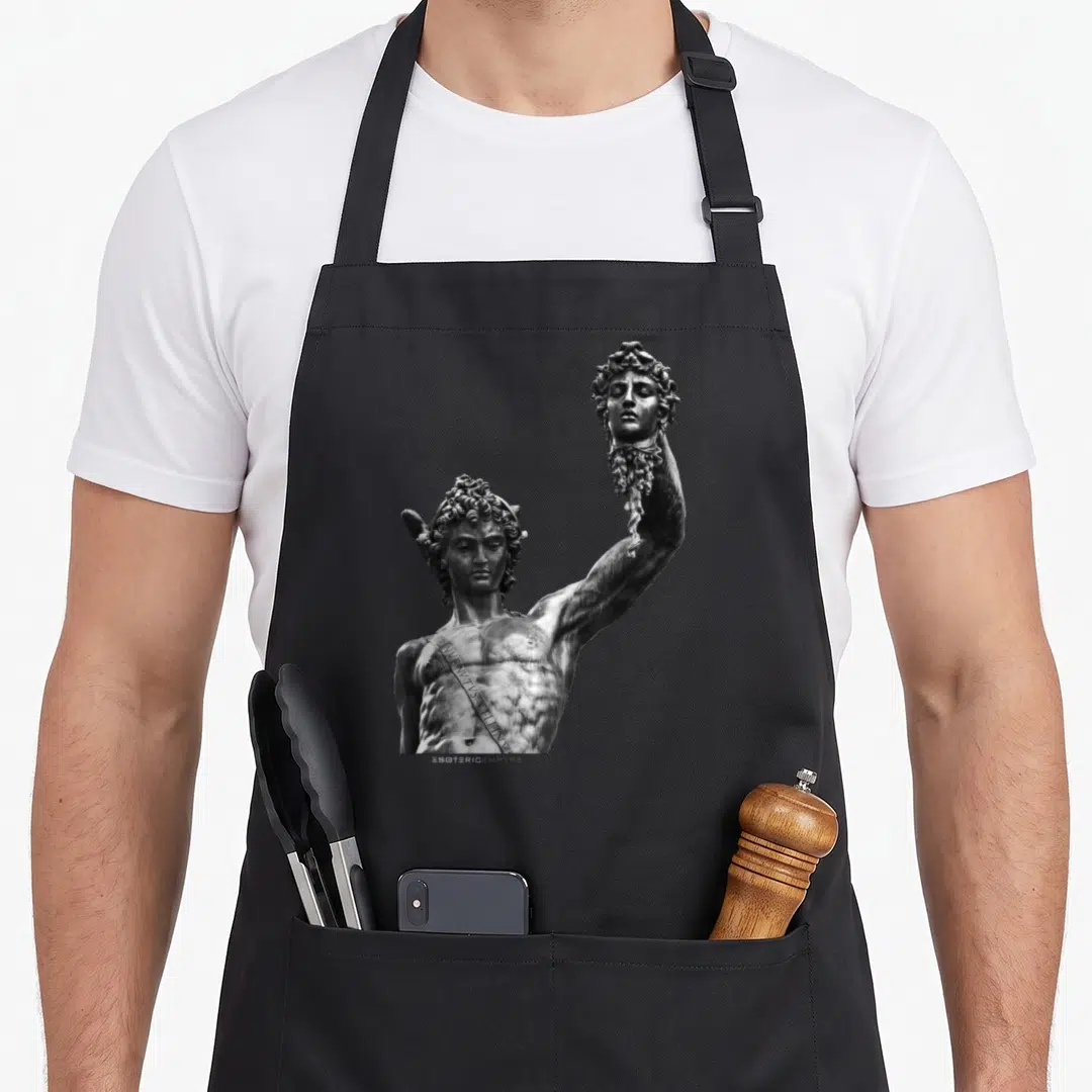 Perseus greek aprons - Bronze statue of Perseus holding severed head with white sash and grey background — shown on a black cotton canvas apron against a white background