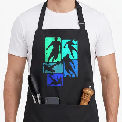 Soccer streetwear apron - Four grey basketball player silhouettes in green, cyan, and blue rounded rectangles on black — shown on a black cotton canvas apron against a white background