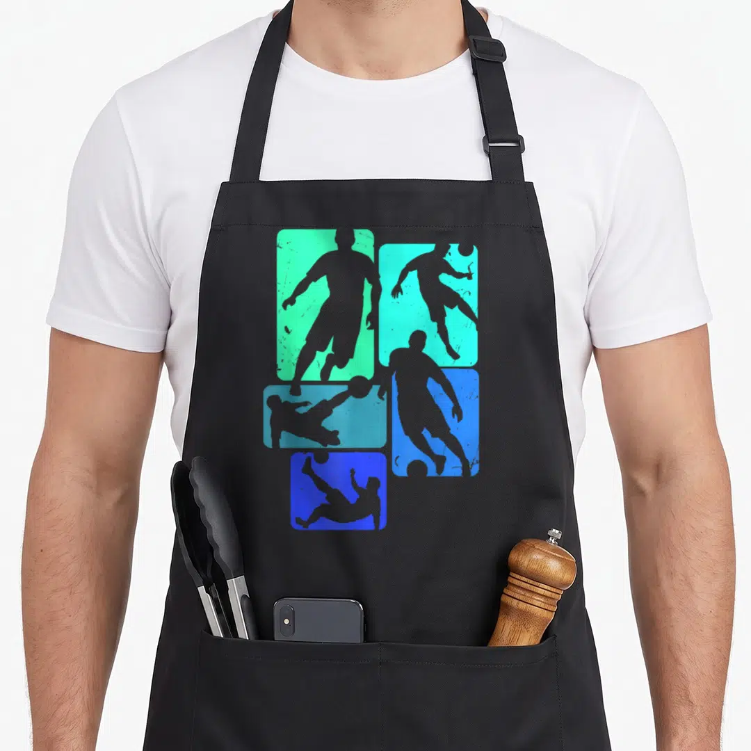 Soccer streetwear apron - Four grey basketball player silhouettes in green, cyan, and blue rounded rectangles on black — shown on a black cotton canvas apron against a white background