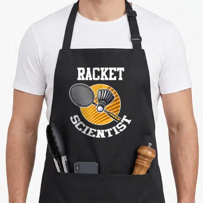 Racket badminton quotes apron - Racket Scientist text with cartoon racket and shuttlecock over yellow striped circle — shown on a black cotton canvas apron against a white background