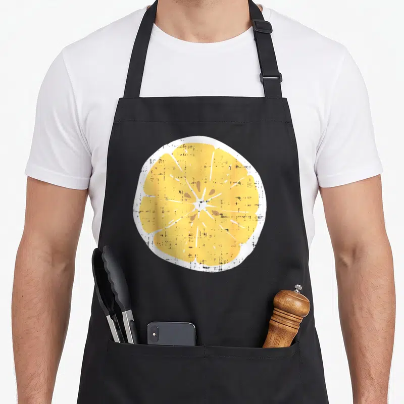 Citrus lemon apron - Distressed yellow lemon slice graphic on black fabric background — shown on a black cotton canvas apron against a white background