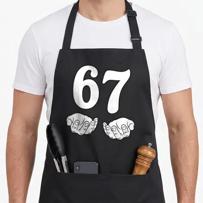 Gen meme apron - White number 67 held by two open hands in black outline art — shown on a black cotton canvas apron against a white background