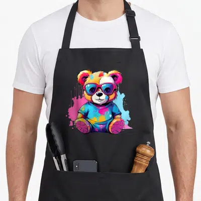 Funny colorful teddy bear apron - Cartoon bear wearing sunglasses surrounded by blue, pink, yellow, and orange paint — shown on a black cotton canvas apron against a white background