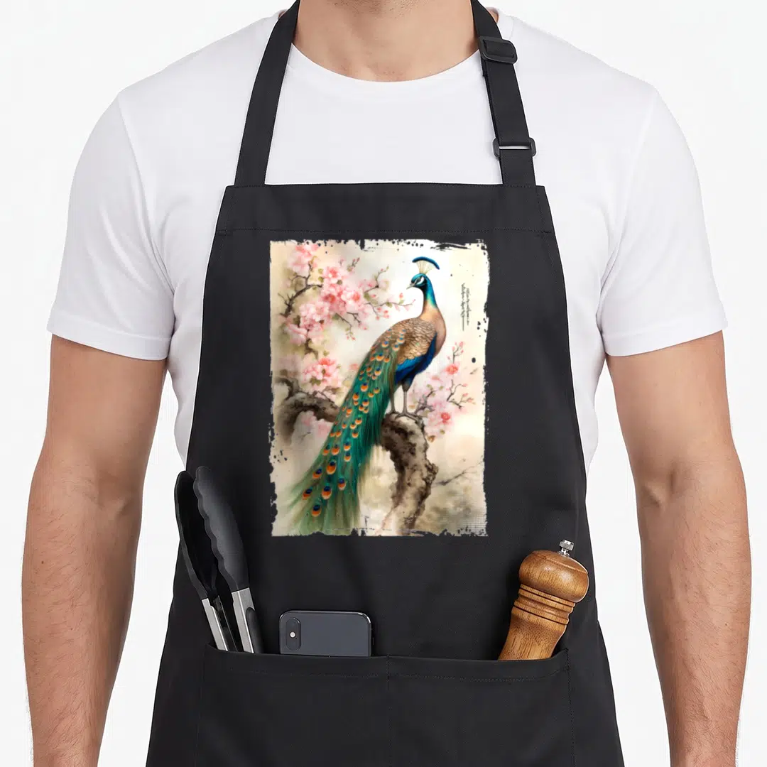 Beautiful cherry apron - Peacock on brown branch with pink blossoms and vertical calligraphy in watercolor style — shown on a black cotton canvas apron against a white background