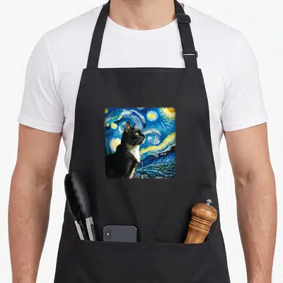 Van tuxedo apron - Realistic black and white cat against swirling blue starry night sky with yellow stars and small — shown on a black cotton canvas apron against a white background