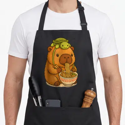 Turtle anime apron - Brown capybara eating noodles with chopsticks and small green turtle on head — shown on a black cotton canvas apron against a white background