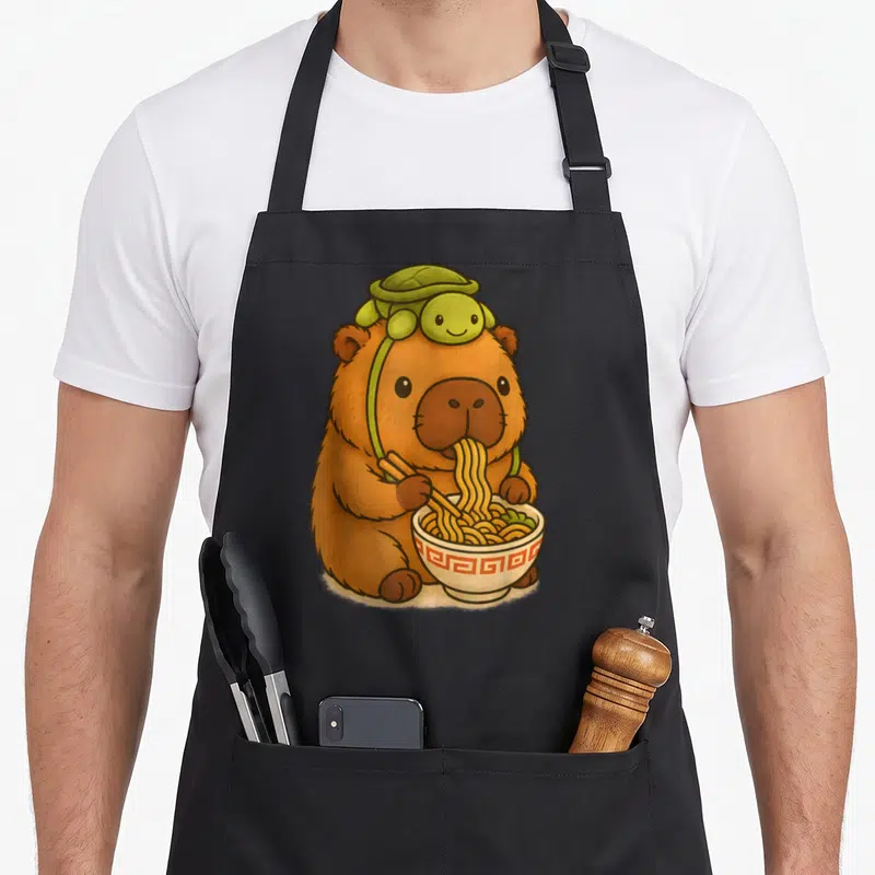 Turtle anime apron - Brown capybara eating noodles with chopsticks and small green turtle on head — shown on a black cotton canvas apron against a white background