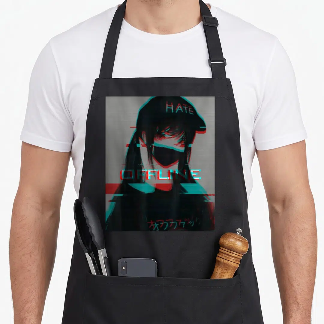 Hentai anime apron - Masked anime person cap HATE OFFLINE glitch text Japanese characters red cyan — shown on a black cotton canvas apron against a white background