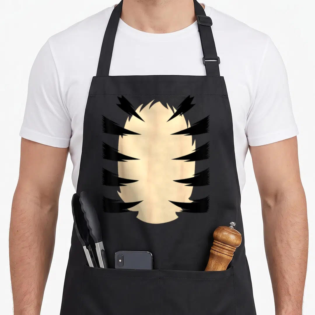 Tiger halloween apron - Pale orange oval with black spikes pointing inward suggesting tiger stripes — shown on a black cotton canvas apron against a white background