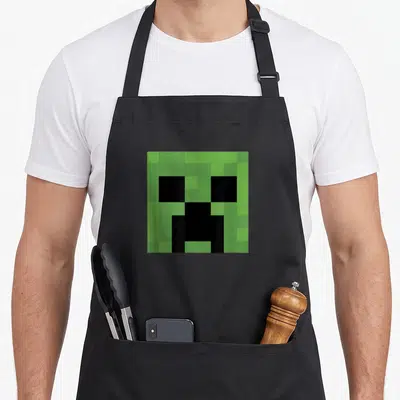 Creeper face apron - Green and black pixelated square monster face centered on a black bib apron — shown on a black cotton canvas apron against a white background