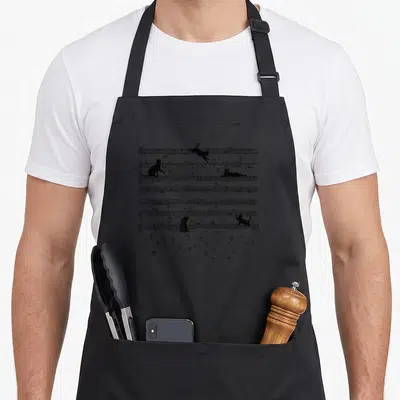 Note cute cat apron - Four black cat silhouettes scattered across six lines of sheet music with loose notes — shown on a black cotton canvas apron against a white background