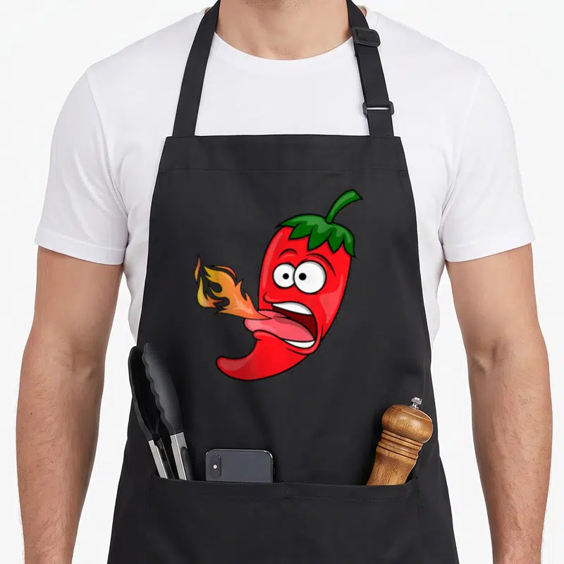 Breathing chili pepper apron - Cartoon red chili pepper breathing orange and yellow fire with green stem — shown on a black cotton canvas apron against a white background