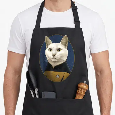 Data cat apron - Realistic white cat in gold and black uniform inside blue oval with gold border — shown on a black cotton canvas apron against a white background