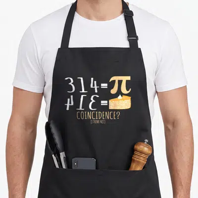 Math formula girl apron - White and orange 3.14 equals pi and pie pun text with a slice of pie illustration — shown on a black cotton canvas apron against a white background