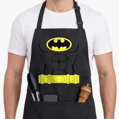 Costume outline of an apron - Minimalist grey Batman torso with yellow utility belt and black bat symbol — shown on a black cotton canvas apron against a white background