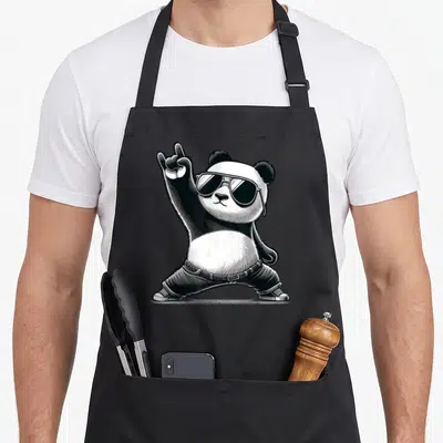 Rock panda dad apron - Cartoon panda in sunglasses and jeans making a rock hand gesture in black and white — shown on a black cotton canvas apron against a white background