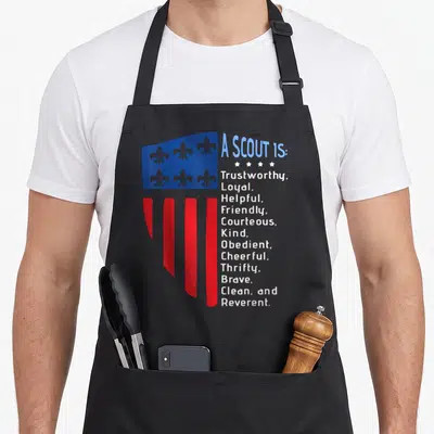 Law us aprons - Stylized flag with fleur-de-lis and stacked Scout Law virtues text in blue red white — shown on a black cotton canvas apron against a white background