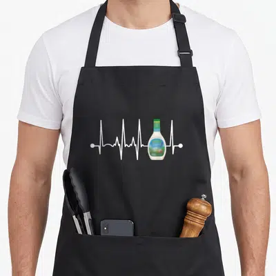 Dressing funny ranch apron - White heartbeat line with blue and green ranch bottle on grey background — shown on a black cotton canvas apron against a white background