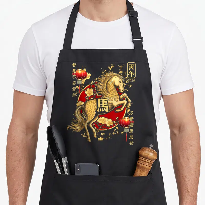 Lantern horse apron - Golden horse over red circle with Chinese characters and 2026 date — shown on a black cotton canvas apron against a white background