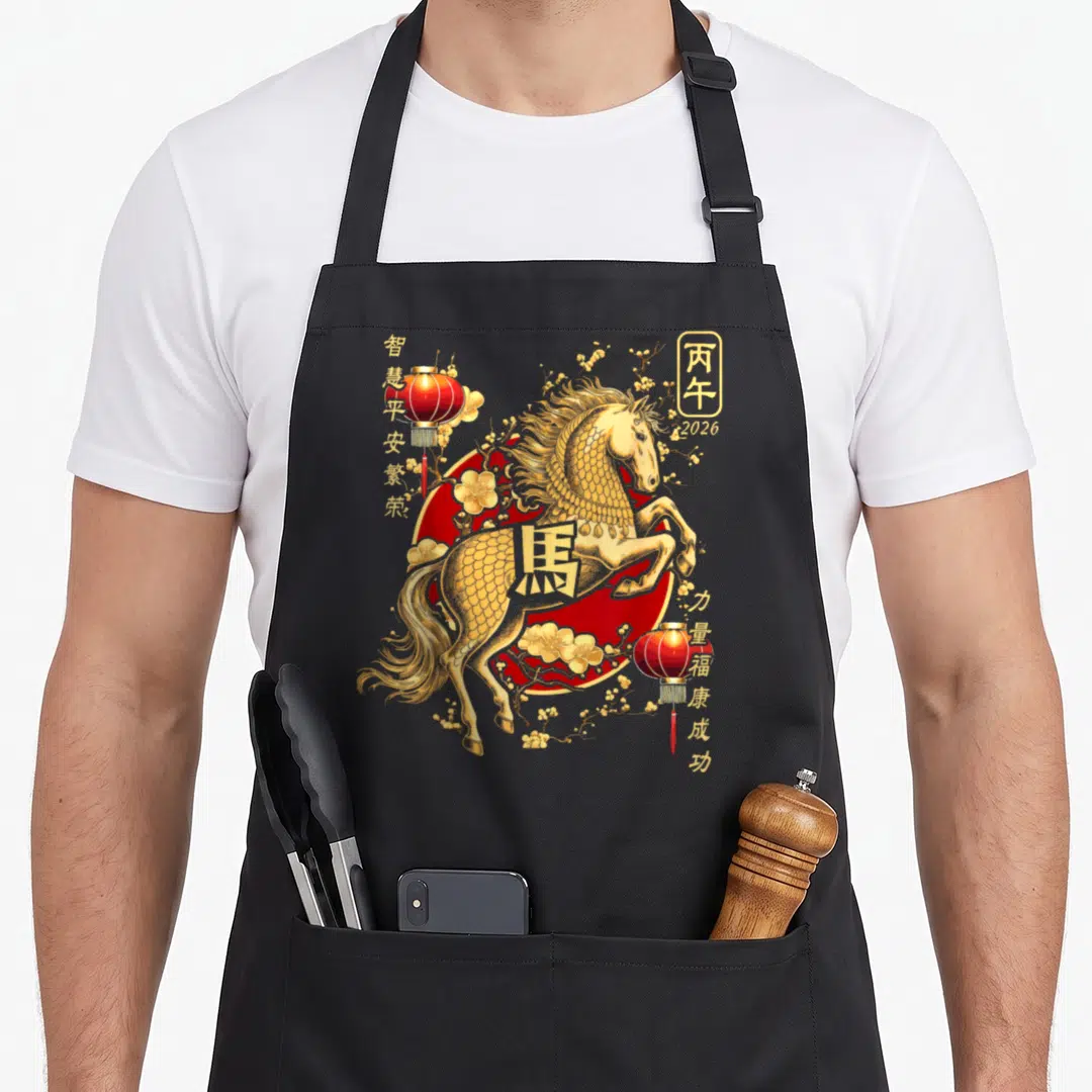 Lantern horse apron - Golden horse over red circle with Chinese characters and 2026 date — shown on a black cotton canvas apron against a white background