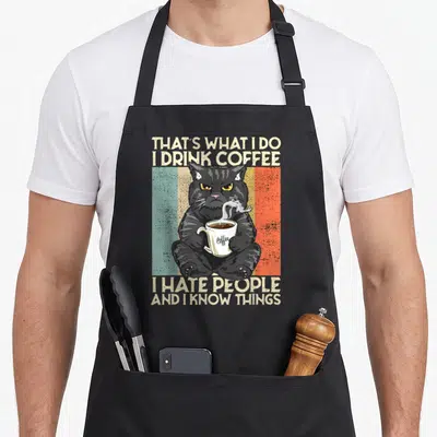 Drink cat apron - Grumpy black cat holding mug with text That's What I Do I Drink Coffee I Hate People And I Know — shown on a black cotton canvas apron against a white background
