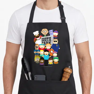 Cast park apron - Group of South Park characters around white sign with CHEF text in cartoon style — shown on a black cotton canvas apron against a white background