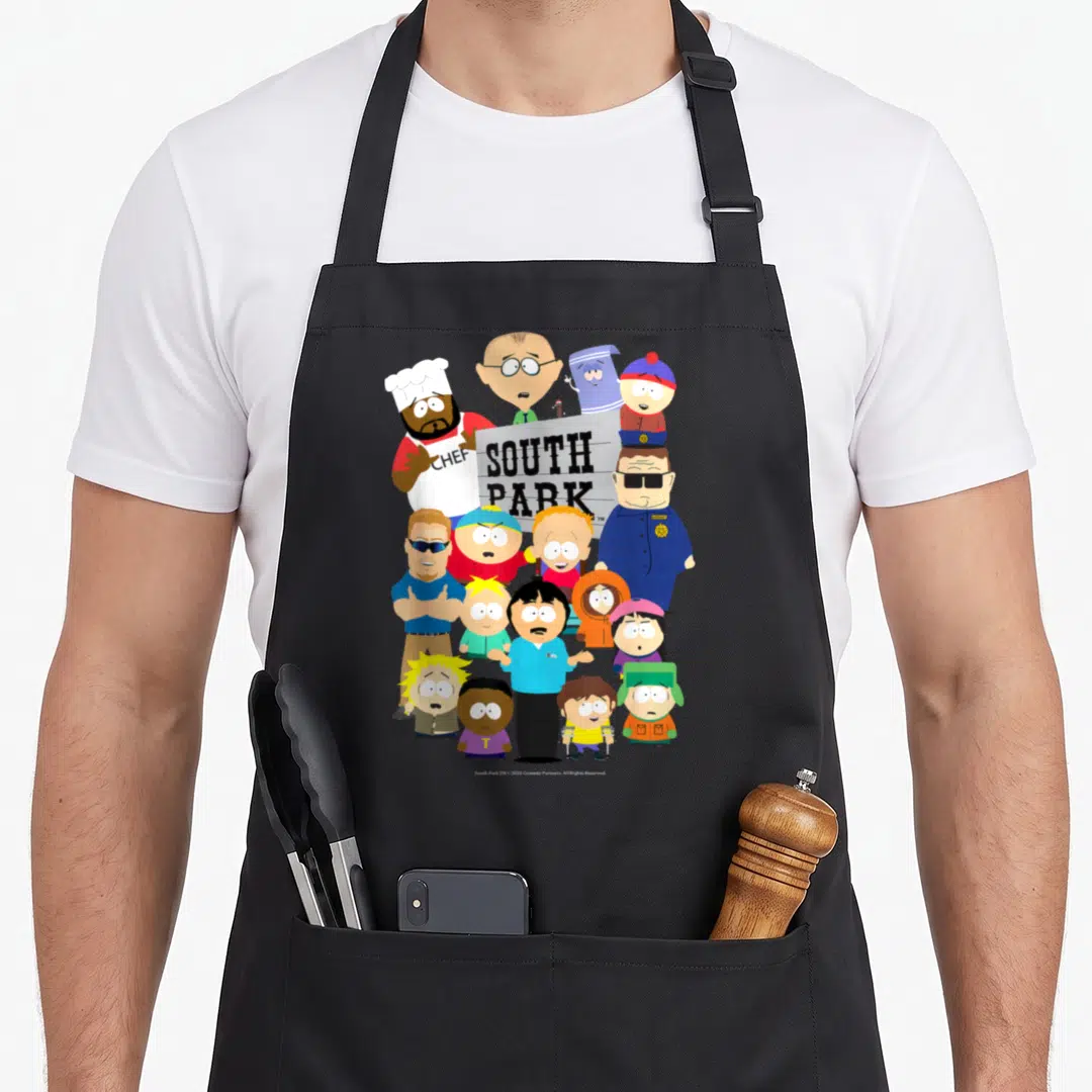 Cast park apron - Group of South Park characters around white sign with CHEF text in cartoon style — shown on a black cotton canvas apron against a white background