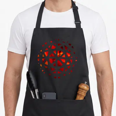 Inside flame apron - White geometric wireframe sphere over red and orange nebula background design — shown on a black cotton canvas apron against a white background