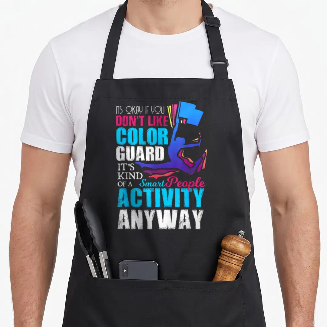 Guard smart apron - Color guard silhouette with stacked text in blue, pink, white, and purple — shown on a black cotton canvas apron against a white background