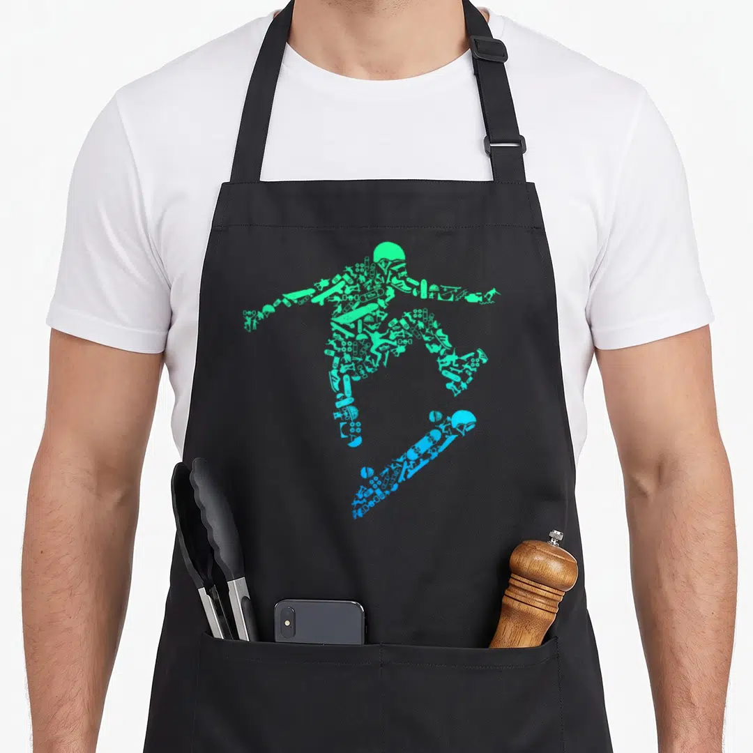 Skateboarding best skater skateboarder accessories stuff apron - Mint and blue silhouette of a skateboarder made — shown on a black cotton canvas apron against a white background