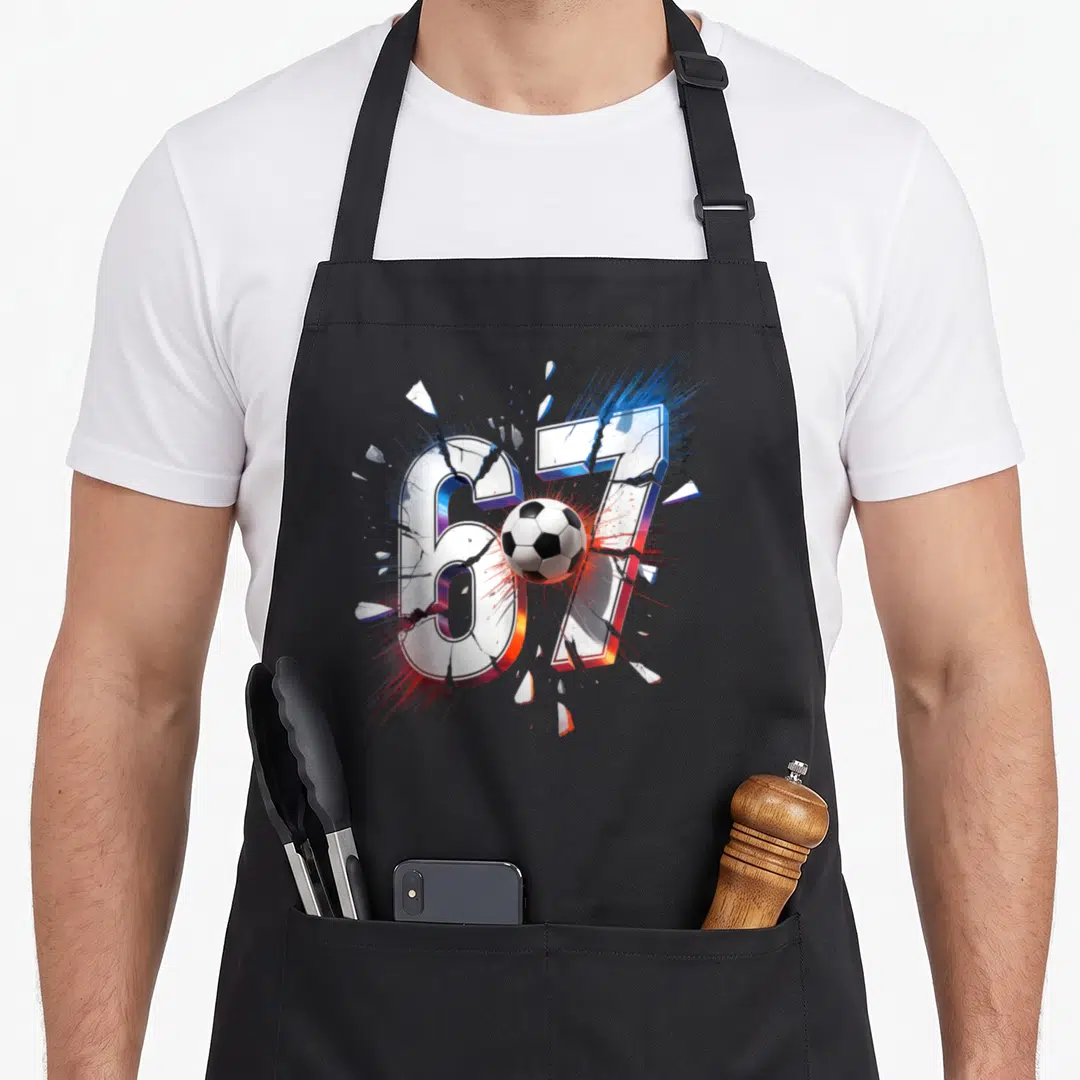 Soccer meme apron - Number 67 3D text shattered by soccer ball with blue red energy bursts — shown on a black cotton canvas apron against a white background
