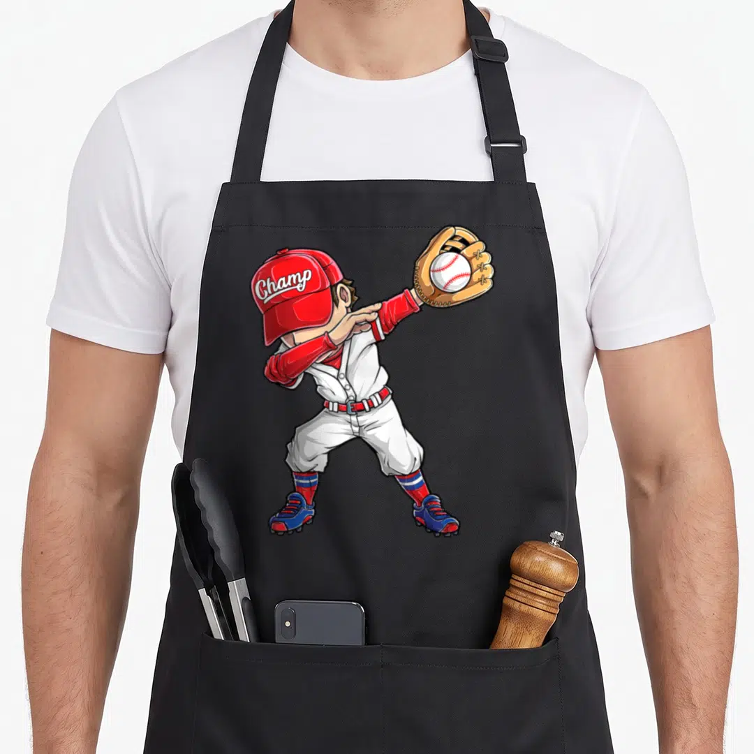 Player catcher baseball apron - Cartoon baseball player dabbing with Champ on cap holding glove with ball — shown on a black cotton canvas apron against a white background